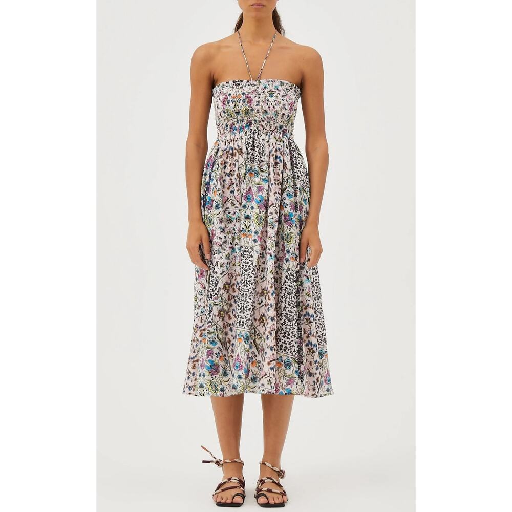 Maria Cher Halter Midi Dress in Silver & Blue Floral Print Smocked Size Small